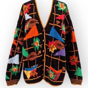 RARE Vintage Cardigan Bay Hand Knit Fall Football Leaves Chunky Button S…